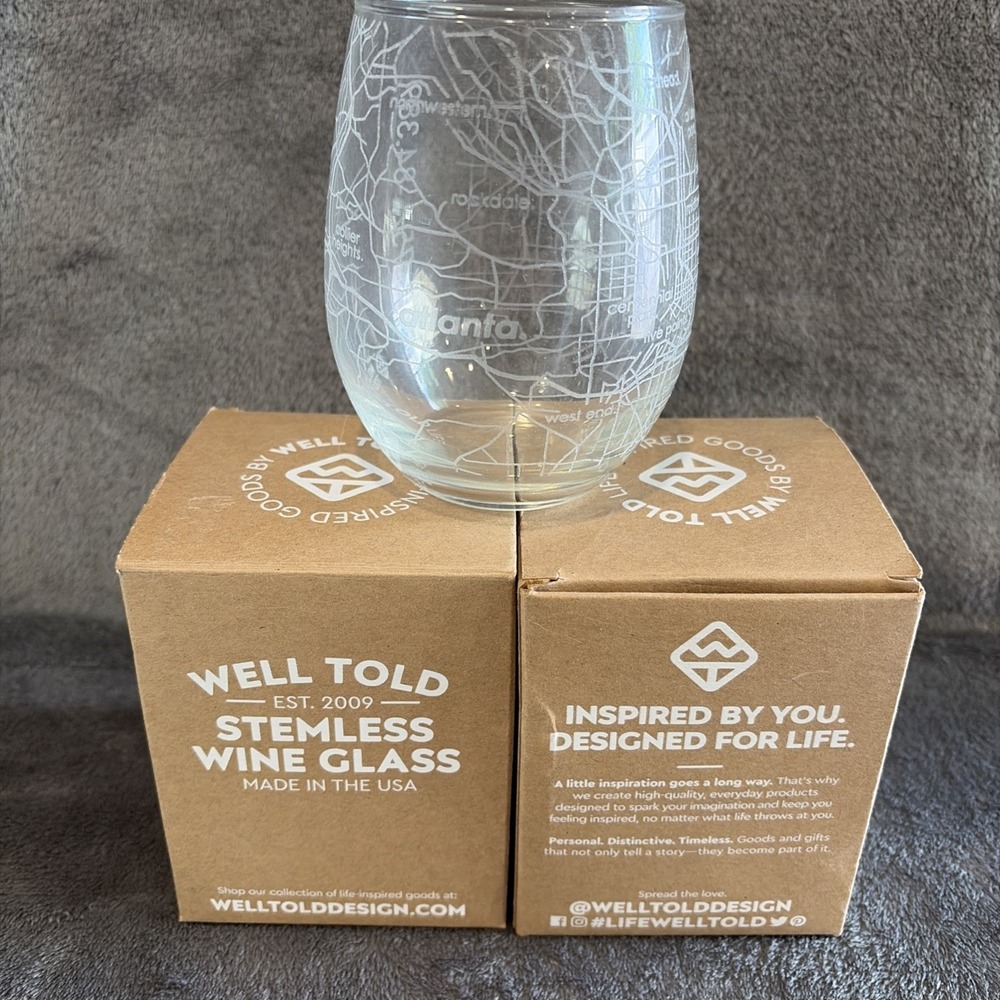 2 WELL TOLD Atlanta Map Stemless Wine Glasses 12oz Etched Glassware
